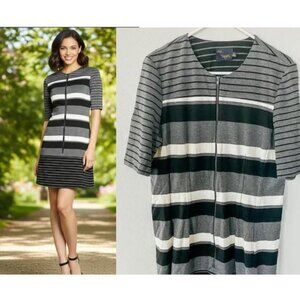 Just Taylor Fit & Flare Gray Black White Striped Zip Up Dress, Size 14